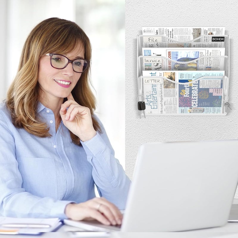 BOHDK Wall File Organizer, 3 Tire Hanging File Folder Mail Organizer, Vertical Mesh Metal Door/Wall Mount Hanging File Organizer, Paper Document Magazine Rack with Hooks for Home Office White - Image 5